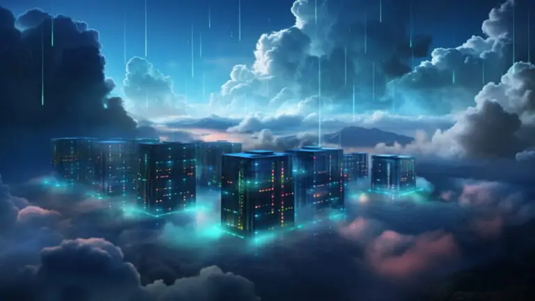 A surreal scene of several futuristic data centers or server farms floating among clouds with a dramatic sky backdrop. Streams of data or light descend from the sky, adding a sci-fi atmosphere. The servers emit a soft, glowing blue light, hinting at the vigilance against looming cyberthreats.