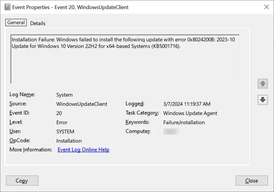 Event Viewer displays an error KB5001716 update installation error.