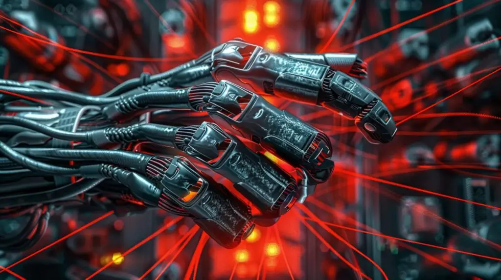 A robotic hand made of metallic components and cables is shown against a background of glowing red lights and circuitry. Red beams extend from the hand, evoking a technological and futuristic atmosphere, highlighting the importance of CMMC in safeguarding against evolving threats in the defense field.