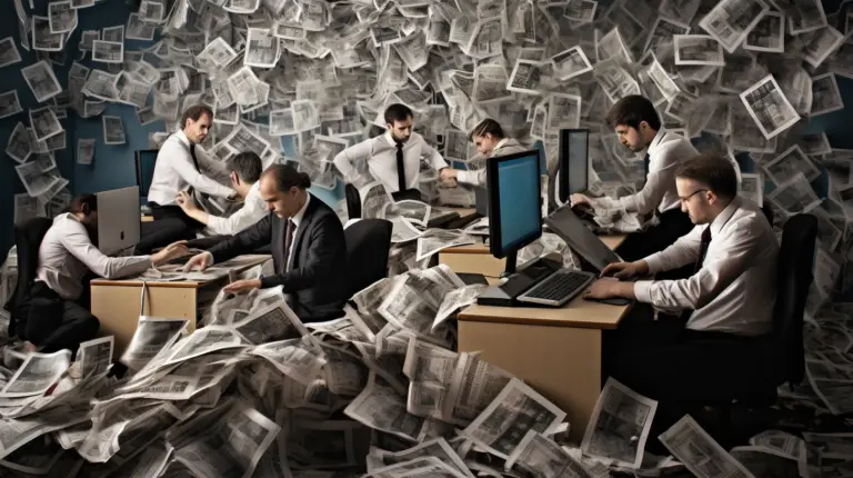 A chaotic office environment with several men in white shirts and ties, surrounded by an overwhelming amount of scattered newspapers. They work at desks with computers, appearing stressed and engrossed in their tasks amidst the clutter, as if under the looming threat of meeting stringent CMMC standards for the DOD.