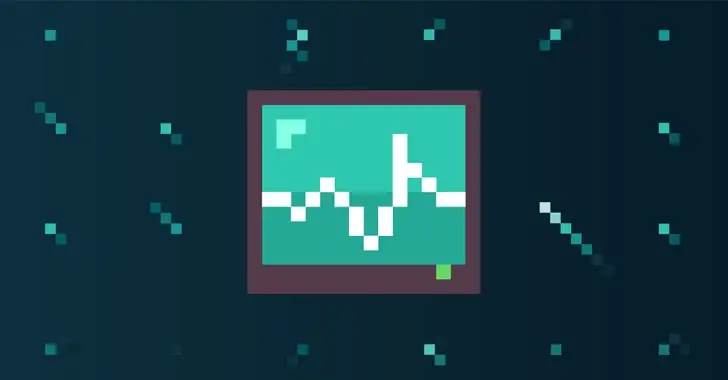 A pixel art-style representation of a green and white line graph is displayed at the center of a dark background scattered with small, randomly placed pixel squares. The graph, reminiscent of monitoring cyberthreat trends, depicts a fluctuating line enclosed in a brown border.