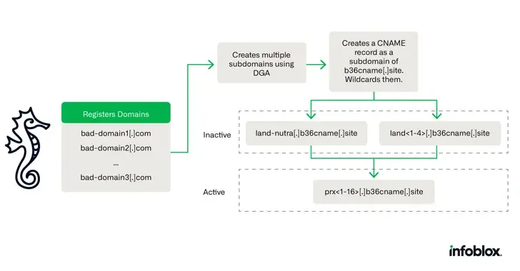 Diagram illustrating a process likely showing how domains are registered and managed, including steps like creating multiple subdomains using DGA, creating CNAMES, and differentiating between inactive and active subdomains. The diagram highlights potential Threat vectors in domain management. Infoblox logo is in the corner.