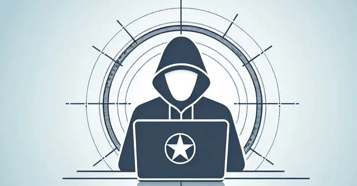 Illustration of a faceless, hooded figure sitting in front of a laptop with a star emblem. Geometric lines and circular designs in the background create a tech-centric, mysterious atmosphere associated with cybersecurity themes and cyberthreats.