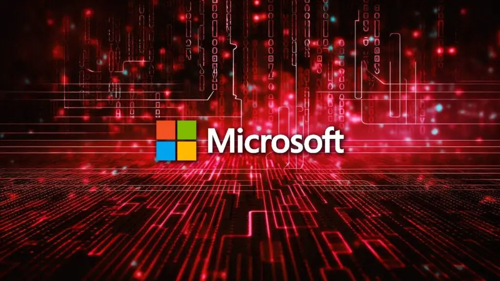 The image shows the Microsoft logo in the center against a backdrop of digital lines and circuits with a red glow. The background resembles a futuristic, high-tech design reminiscent of a motherboard or circuit board pattern, symbolizing readiness against cyberthreats.