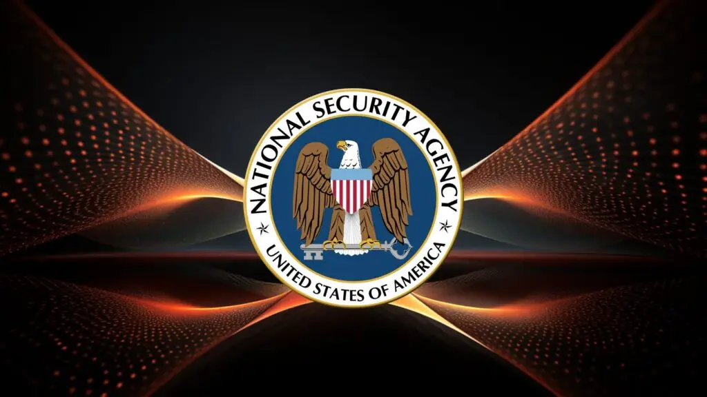 The image shows the emblem of the National Security Agency (NSA) of the United States of America, featuring a bald eagle holding a key. The background is a dark gradient with abstract orange light waves and a dot pattern, symbolizing protection against cyber threats through advanced VPN technologies.