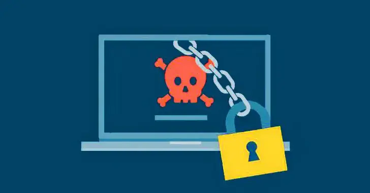 Illustration of a laptop with a red skull and crossbones on the screen, symbolizing malware or a cyberthreat. A chain is wrapped around the laptop, secured with a yellow padlock, representing cybersecurity or a ransomware threat. The background is dark blue.