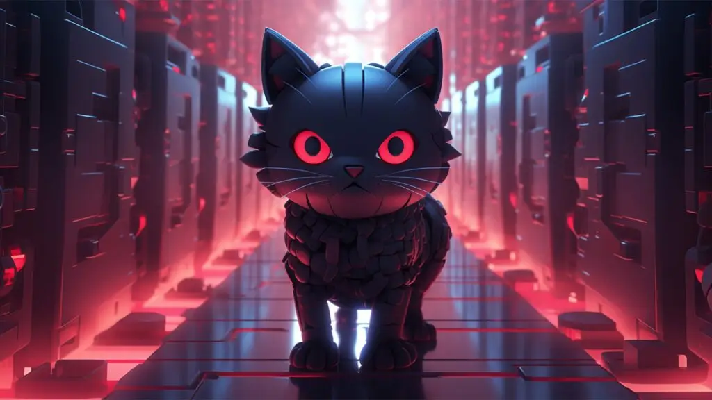 A robotic black cat with glowing red eyes stands menacingly in the center of a futuristic corridor filled with high-tech servers and glowing red lights. The setting, rife with mystery, feels like a cybersecurity fortress on high alert against an impending cyberthreat.