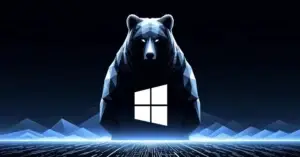 A geometric, polygonal bear stands tall against a dark mountainous background. The bear's chest features a glowing white Windows logo. The foreground consists of a digital grid pattern, adding a tech-themed ambiance to the scene reminiscent of CMMC standards.