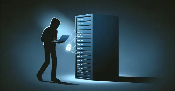 A shadowy figure in a hoodie, holding a laptop, stands next to a large server rack. A glowing lock and network lines are superimposed, symbolizing cybersecurity or hacking. The scene is dark, with a blue tint highlighting the elements, evoking the looming presence of cyberthreats.