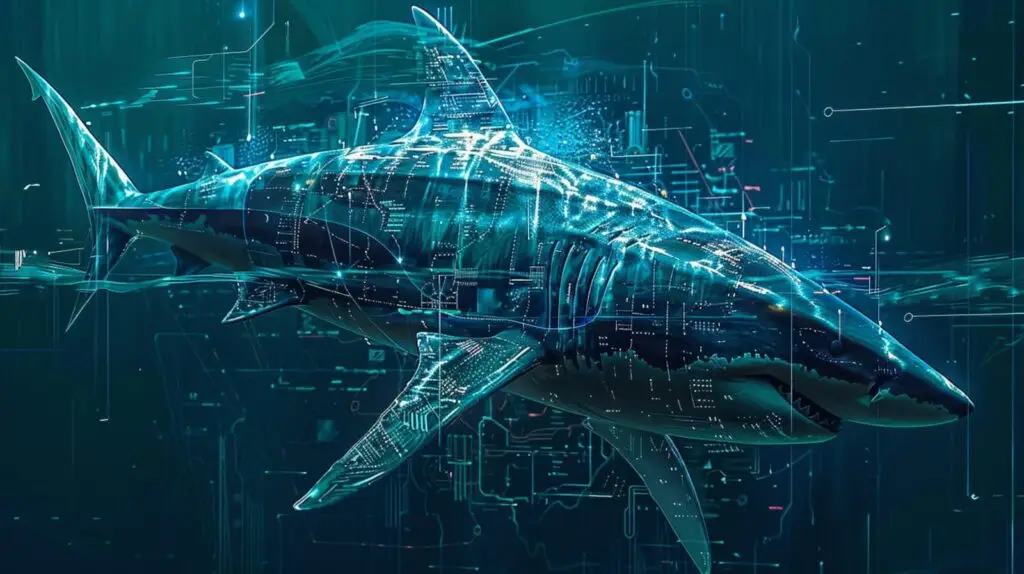 A digital artwork of a shark swimming underwater, integrated with futuristic holographic and circuit-like patterns glowing with blue lights. The background consists of various technological schematics, data overlays, and VPN icons, giving the image a sci-fi aesthetic.