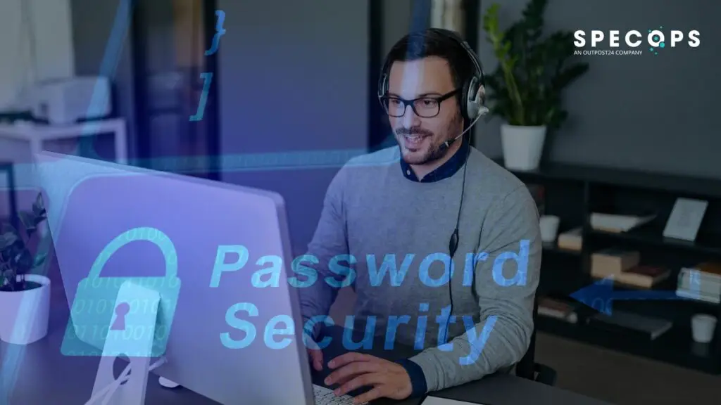 A man wearing glasses and a headset is sitting at a desk, working on a computer. Overlaid text reads "Password Security" with graphics of a lock and code, highlighting the ongoing cyberthreats. The modern office space features visible shelving and decor, with the Specops logo in the top right corner.