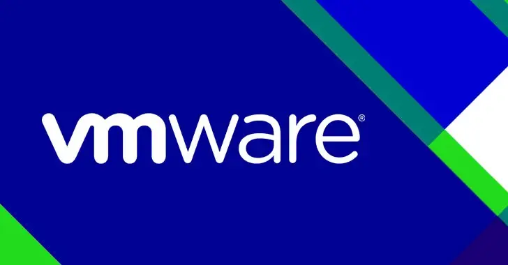 The VMware logo is displayed centrally against a blue background. The text "vmware" is written in white lowercase letters, with a green and blue diagonal stripe pattern visible in the top right corner, hinting at its commitment to cybersecurity.