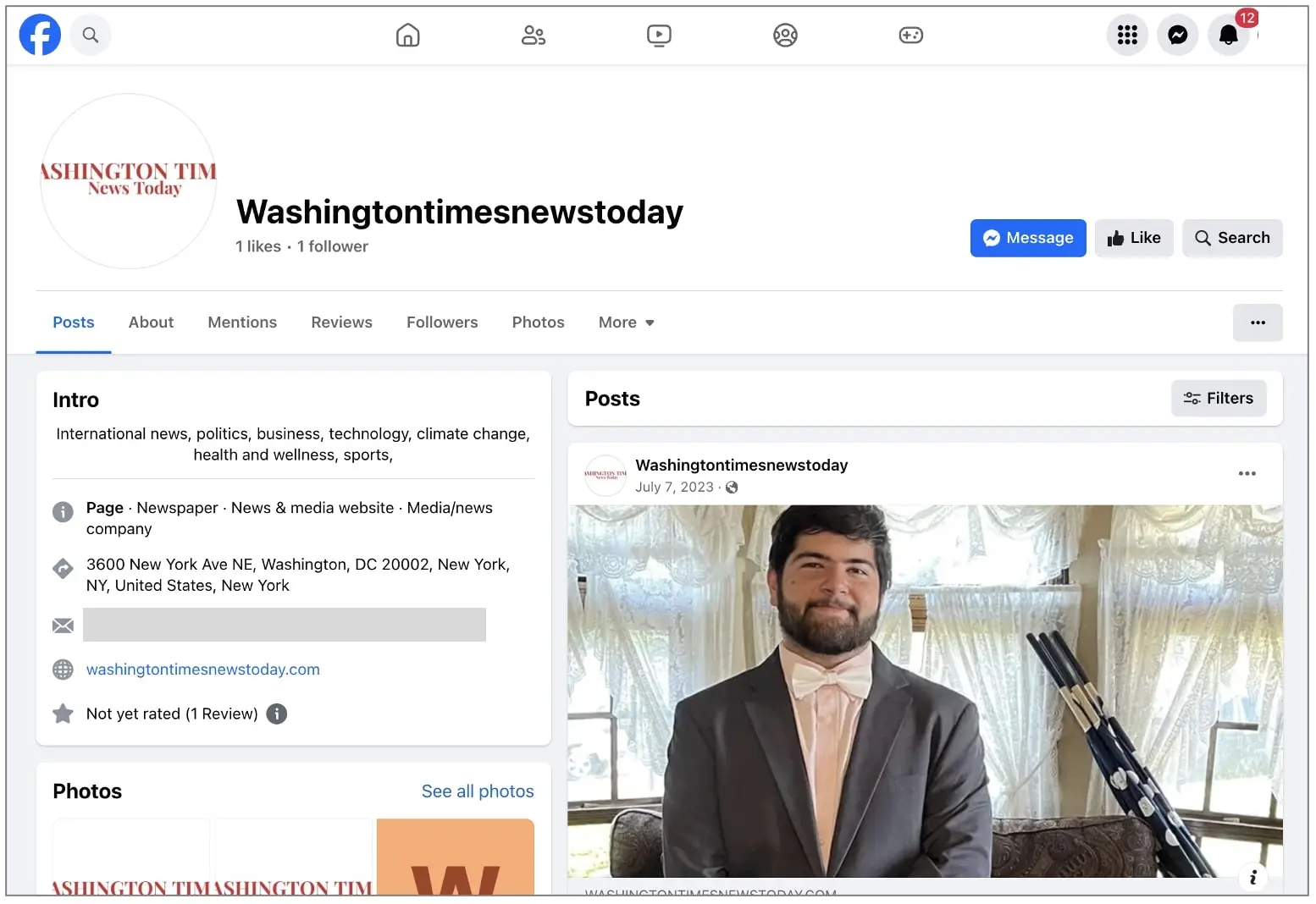 Facebook page for a Washington Times News Today site