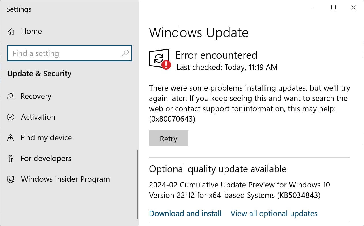 Windows 10 KB5001716 Update Fails With 0x80070643 Errors, How To Fix