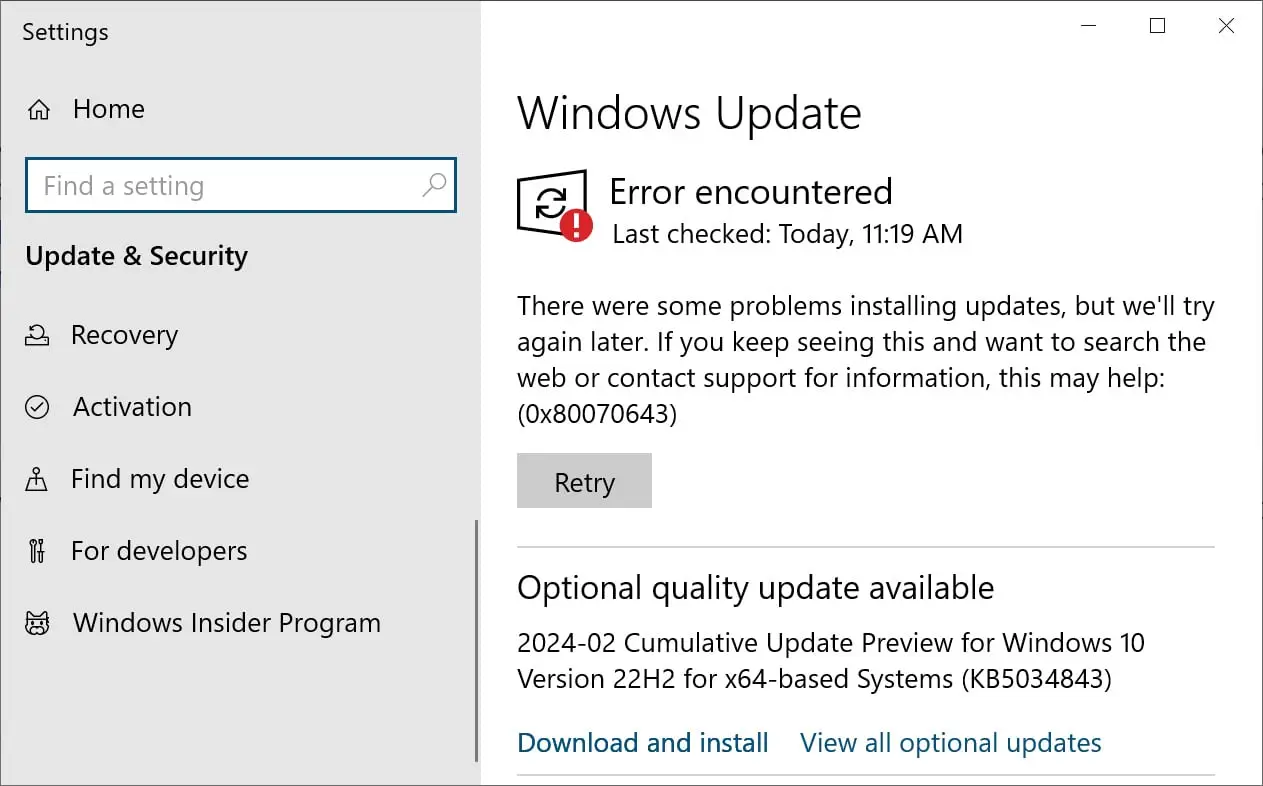 The&nbsp, 0x80070643 error appears in Windows Update.