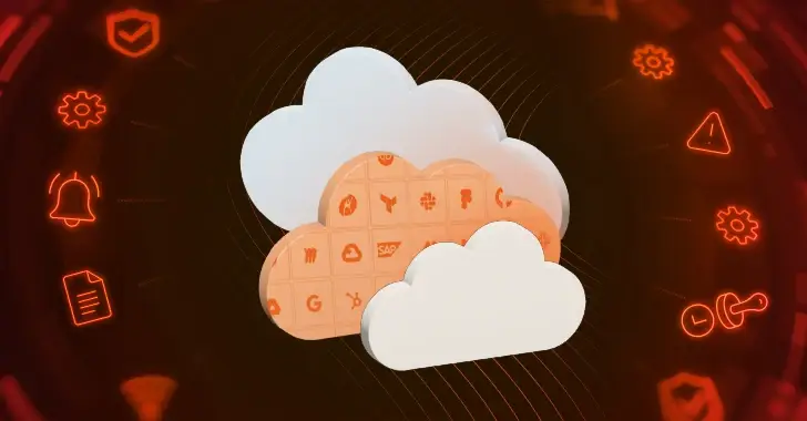 Three stylized cloud graphics with various orange and red technology icons in the background representing applications and services. The largest cloud overlaps the other two, with the middle cloud displaying numerous tech logos in a grid pattern, hinting at cyberthreat dynamics.